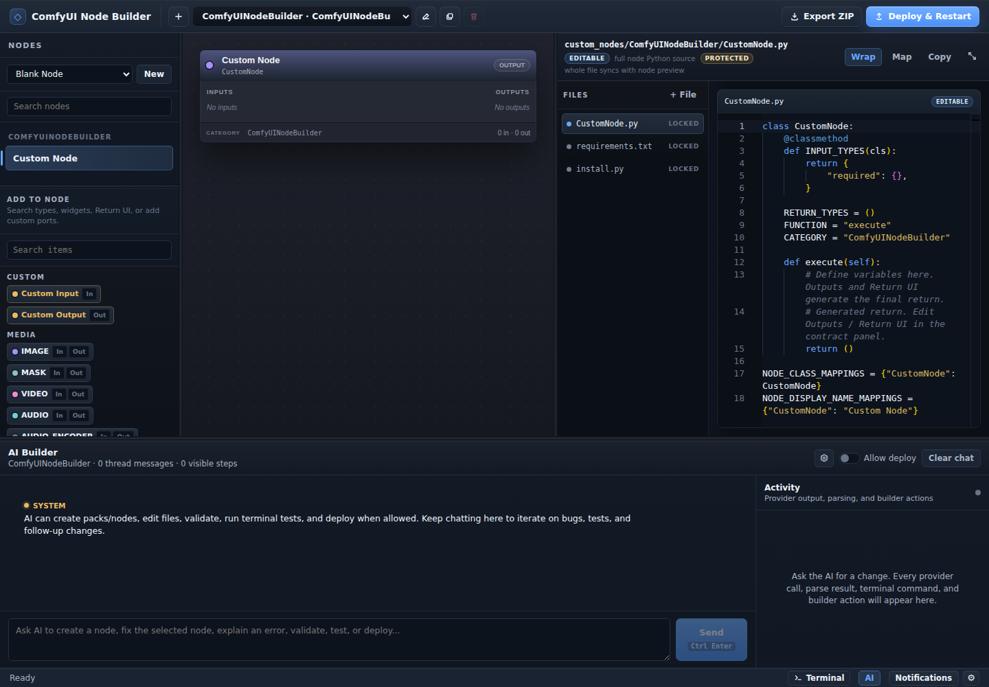 AI Builder panel inside the ComfyUI Node Builder workbench.