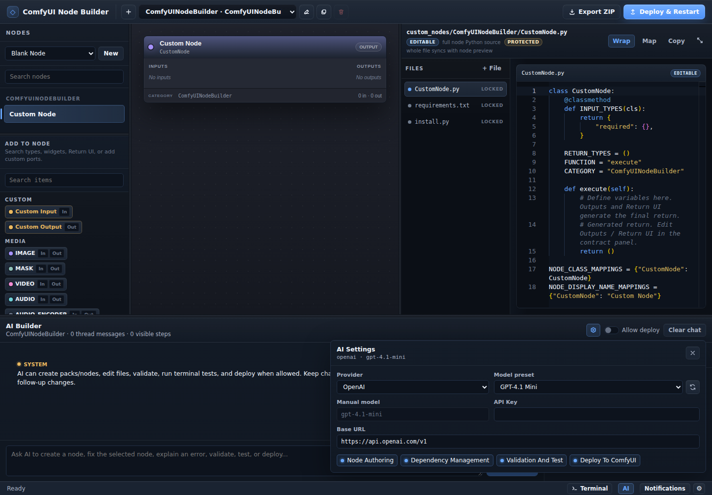 AI settings with provider, model, skills, API key, and deploy gate.