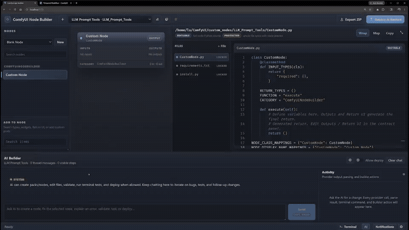 Looping demo of AI creating, deploying, and testing a ComfyUI custom node from a user request.