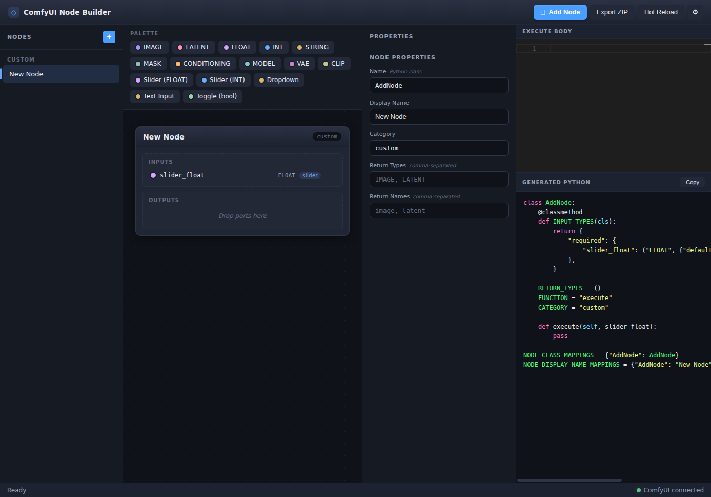 ComfyUI Node Builder visual node contract and generated Python.