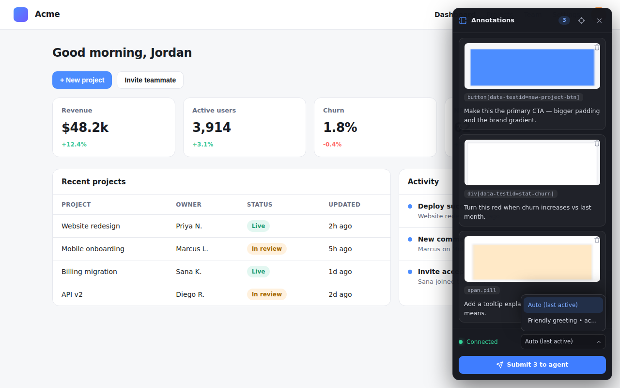 OpenCode annotation sidebar with pending annotations and a live session picker
